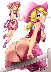 Rule 34 | 1girl, absurdres, artist name, ass, ass cutout, bare shoulders, bikini, blonde hair, blue eyes, boots, breasts, cameltoe, chaps, cleft of venus, clothing cutout, cowboy hat, crotch cutout, from below, hat, highres, long hair, looking at viewer, looking back, mario (series), medium breasts, multiple views, nintendo, one eye closed, pink bikini, pink footwear, pink hat, princess peach, revealing clothes, sasa tseng, short ponytail, simple background, sitting, smile, solo, swimsuit, thigh gap, vest, white background, wink