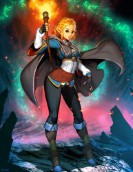 Rule 34 | 1girl, artist name, black gloves, blonde hair, boots, braid, breasts, cloak, corset, embers, fingerless gloves, fire, genzoman, gloves, glowing, green eyes, looking at viewer, nintendo, parted lips, pointy ears, princess zelda, rock, short hair, solo, standing, the legend of zelda, the legend of zelda: breath of the wild, the legend of zelda: tears of the kingdom, torch, triforce