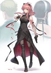 Rule 34 | 1boy, 2girls, aged up, ahoge, anya (spy x family), arm strap, asymmetrical footwear, athrun1120, bare shoulders, black dress, black footwear, black gloves, black hair, black pantyhose, blonde hair, blood, bloody weapon, blush, boots, breasts, closed mouth, dress, dual wielding, earrings, gloves, green eyes, gun, hairband, hairpods, high heel boots, high heels, highres, holding, holding gun, holding weapon, jewelry, knee boots, lipstick, looking at viewer, makeup, medium breasts, multiple girls, pantyhose, pink hair, short hair, short hair with long locks, sidelocks, single knee boot, single thigh boot, sleeveless, sleeveless dress, solo focus, spy x family, standing, standing on one leg, thigh boots, thighhighs, twilight (spy x family), weapon, white background, white hairband, yor briar