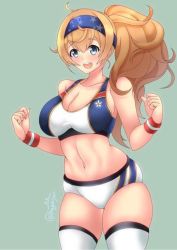 Rule 34 | 1girl, alternate costume, alternate hairstyle, blonde hair, blue eyes, breasts, buruma, cleavage, gambier bay (kancolle), grey background, hairband, kantai collection, kuga zankurou, large breasts, long hair, multicolored clothes, open mouth, side ponytail, simple background, skindentation, smile, solo, sports bikini, thighhighs, twintails, white buruma, white thighhighs