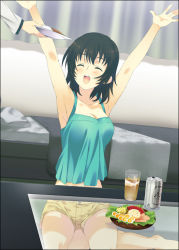 Rule 34 | 10s, 1girl, alcohol, armpits, arms up, bare shoulders, bed, beer, black hair, blush, breasts, can, chiaki izumi, cleavage, closed eyes, cup, food, happy, izumi chiaki, midriff, mizuki makoto, open mouth, outstretched arms, pillow, plate, short hair, shorts, sitting, table, tank top, tnk top, white album (series), white album 2