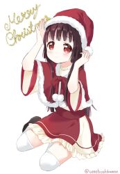 Rule 34 | 1girl, black footwear, black hair, blush, capelet, christmas, closed mouth, commentary, dress, frilled dress, frills, fur-trimmed capelet, fur trim, hands on headwear, hat, highres, long hair, matsumoto rise, mearian, merry christmas, pom pom (clothes), red dress, red eyes, red sash, ribbon-trimmed capelet, santa costume, santa hat, sash, short sleeves, simple background, smile, solo, thighhighs, twitter username, white background, white thighhighs, wide sleeves, yuru yuri