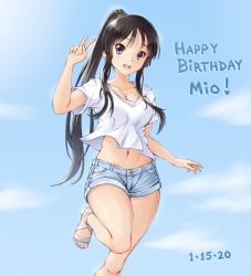 Rule 34 | 1girl, :d, aged up, akiyama mio, black hair, blue shorts, blush, breasts, cleavage, cloud, collarbone, commentary, day, english commentary, english text, eyelashes, feet, fingernails, grey eyes, hair tie, happy birthday, highres, k-on!, knees, long hair, looking at viewer, navel, open mouth, ponytail, sandals, shirt, short shorts, shorts, sidelocks, sky, smile, solace, solo, teeth, toenails, toes, tongue, upper teeth only, v, white footwear, white shirt