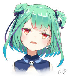 Rule 34 | 1girl, absurdres, blue ribbon, blush, commentary request, cropped shoulders, double bun, earrings, frown, green hair, hair bun, hair ornament, hair ribbon, head tilt, highres, hololive, jewelry, looking at viewer, open mouth, red eyes, ribbon, short hair, sidelocks, simple background, skull brooch, skull earrings, skull hair ornament, solo, straight-on, toshizou (0714), uruha rushia, uruha rushia (1st costume), virtual youtuber, white background