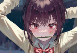 Rule 34 | 1girl, arms behind head, blurry, blurry background, blush, bow, bowtie, brown hair, brown jacket, collared shirt, grey shirt, hair bow, highres, jacket, kamiyama high school uniform (project sekai), mitasarenai pale color (project sekai), mouth hold, pencil, project sekai, red bow, red bowtie, red eyes, school uniform, shinonome ena, shirt, solo, striped bow, striped bowtie, striped clothes, tears, tokkyu