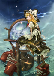 Rule 34 | 1girl, arm support, blonde hair, book, book stack, boots, braid, female focus, globe, hat, honokan, kirisame marisa, looking up, open mouth, side braid, sky, solo, orb, star (symbol), string, tiles, touhou, witch hat, yellow eyes