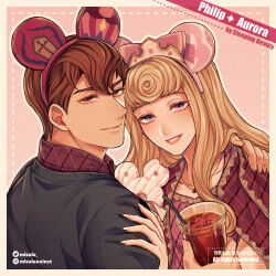 Rule 34 | 1boy, 1girl, animification, aurora (disney), blonde hair, bow, brown eyes, character name, copyright name, crown, cup, disposable cup, doughnut, drink, drinking straw, food, hair bow, hand on another&#039;s arm, hetero, holding, holding cup, holding drink, instagram username, lipstick, long hair, looking at viewer, makeup, mickey mouse ears, mizala, pink background, pink bow, prince philip, simple background, sleeping beauty, smile, twitter username, upper body, watermark