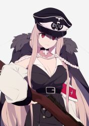 Rule 34 | 1girl, aiguillette, bolt action, breasts, choker, cleavage, closed mouth, cross, cross choker, fur trim, girls&#039; frontline, grey background, gun, hair between eyes, hat, holding, holding gun, holding weapon, iron cross, kar98k (girls&#039; frontline), large breasts, light brown hair, long hair, long sleeves, mauser 98, peaked cap, red eyes, rifle, simple background, sohin, solo, weapon