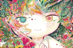 Rule 34 | 1girl, abstract, aqua eyes, blush, collared shirt, colorful, flower, heterochromia, leaf, looking at viewer, making-of available, no nose, original, pink eyes, pink flower, plant, portrait, shirt, sizucomaru, smile, solo, white shirt, yellow flower