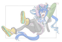 Rule 34 | 1girl, @ @, ahoge, animal ears, blue eyes, blue hair, bodysuit, boots, crossed bangs, full body, highres, hood, hood down, hoodie, horse ears, horse girl, horse tail, imocool, long hair, long sleeves, looking at viewer, one eye closed, open mouth, outstretched arms, pale color, sharp teeth, solo, stuffed animal, stuffed rabbit, stuffed toy, tail, teeth, twin turbo (umamusume), twintails, umamusume, upper teeth only, yellow footwear