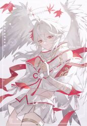 Rule 34 | 1boy, 329kome, angel wings, closed mouth, falling leaves, feathered wings, from below, genshin impact, halo, hand up, high collar, highres, kaedehara kazuha, leaf, legwear garter, long hair, male focus, maple leaf, multicolored hair, red eyes, red hair, shirt, short shorts, shorts, simple background, single legwear garter, sleeveless, sleeveless shirt, smile, solo, two-tone hair, white background, white hair, white shirt, white shorts, white wings, wings