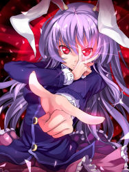 Rule 34 | 1girl, animal ears, atomix, crescent, female focus, finger gun, fingernails, foreshortening, glaring, glowing, glowing eyes, hand over face, highres, long hair, looking at viewer, purple hair, rabbit ears, red eyes, reisen udongein inaba, skirt, solo, touhou, upper body, v