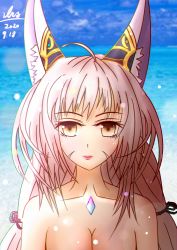 Rule 34 | 1girl, absurdres, animal ears, artist name, artist request, bare shoulders, beach, breasts, cleavage, cloud, crystal, ear covers, facial mark, gem, highres, ilrs (user kzmf4858), jewelry, large breasts, lips, long hair, looking at viewer, low twintails, nia (blade) (xenoblade), nia (xenoblade), nintendo, nude, ocean, ribbon, silver hair, smile, solo, topless, twintails, upper body, very long hair, water, watermark, xenoblade chronicles (series), xenoblade chronicles 2