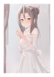 Rule 34 | 1girl, alternate costume, alternate hairstyle, commentary request, cowboy shot, dress, flat chest, grey hair, hair bun, highres, jewelry, kantai collection, long hair, looking at viewer, off-shoulder dress, off shoulder, ring, sakieko, solo, standing, wedding ring, white dress, zuihou (kancolle)