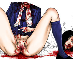 Rule 34 | 1girl, black hair, blood, blood from mouth, blood on clothes, blood on face, blood on ground, blood on hands, blood on leg, blouse, blue necktie, blue socks, clothes lift, corpse, ero guro, guro, hair over one eye, kneehighs, lifting own clothes, looking at viewer, necktie, no panties, open mouth, original, parted bangs, pussy, shirt, short hair, sitting, socks, solo, spread legs, tarantara, uniform, white background, white shirt