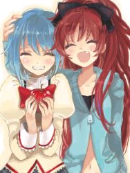 10s 2girls ^_^ apple bad_id bad_pixiv_id blue_hair blush bow closed_eyes fang food fruit hair_bow holding holding_food holding_fruit j-peg long_hair mahou_shoujo_madoka_magica mahou_shoujo_madoka_magica_(anime) miki_sayaka multiple_girls navel oekaki open_mouth ponytail red_hair sakura_kyoko school_uniform short_hair tears tegaki