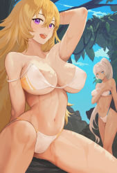 Rule 34 | 2girls, arm at side, arm up, bikini, blonde hair, blue eyes, blue sky, breasts, closed mouth, cloud, collarbone, commentary request, covered erect nipples, covering privates, covering breasts, day, female focus, hair between eyes, highres, large breasts, legs together, long hair, looking at viewer, medium hair, multiple girls, navel, open mouth, outdoors, ponytail, purple eyes, rwby, scar, scar across eye, scar on face, sitting, sky, spread legs, standing, strap slip, swimsuit, teeth, very long hair, wangxiii, weiss schnee, wet, wet hair, white bikini, white hair, yang xiao long