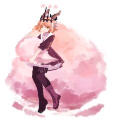 Rule 34 | 1girl, arknights, black dress, black pantyhose, boots, brown footwear, crossover, dolly (arknights), dress, full body, fusion, gradient hair, highres, horizontal pupils, horns, ishmael (project moon), limbus company, long hair, looking at viewer, multicolored hair, ngancurindunia, orange hair, pantyhose, project moon, puffy short sleeves, puffy sleeves, sheep horns, short sleeves, simple background, solo, very long hair, white background