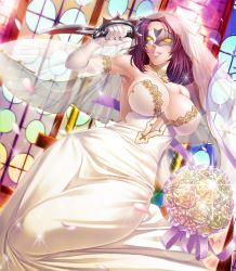 Rule 34 | 00s, 1girl, bare shoulders, bouquet, breasts, bridal veil, cleavage, curvy, dress, elbow gloves, female focus, flower, gloves, highres, holding, holding knife, holding weapon, kagami hirotaka, knife, koukawa oboro, large breasts, lilith-soft, linea alba, mask, medium hair, oboro (taimanin asagi), parted lips, purple hair, smile, solo, taimanin (series), taimanin asagi, taimanin asagi kessen arena, veil, weapon, wedding dress, white gloves, wide hips