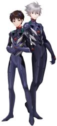Rule 34 | 2boys, artist request, blue bodysuit, bodysuit, brown eyes, closed mouth, collar, evangelion: 3.0 you can (not) redo, final gear, grey hair, hair ornament, hairpods, ikari shinji, interface headset, interlocked fingers, knees, legs, legs apart, legs together, long sleeves, looking at viewer, looking to the side, multicolored bodysuit, multicolored clothes, multiple boys, nagisa kaworu, neon genesis evangelion, official art, own hands together, pilot suit, rebuild of evangelion, red collar, short hair, skin tight, smile, standing, third-party source, transparent background, two-tone sleeves
