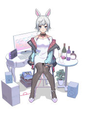 Rule 34 | 1girl, absurdres, animal ears, anklet, aqua bow, aqua eyes, aqua jacket, black pantyhose, book, book stack, bottle, bow, bowtie, brown bow, brown bowtie, cable, chair, choppy bangs, computer, controller, cpu, cup, detached collar, dress, dress bow, drinking glass, full body, game controller, grey hair, halterneck, handheld game console, heart-shaped gem, highres, jacket, jewelry, keyboard (computer), knees together feet apart, looking at viewer, monitor, multicolored eyes, off-shoulder dress, off shoulder, original, padded jacket, pantyhose, pencil dress, pink eyes, plant, pom pom (clothes), potted plant, purple bow, purple footwear, rabbit ears, rabbit girl, shoes, short hair, simple background, sitting, smile, speaker, straight-on, table, two-sided fabric, two-sided jacket, virtual youtuber, white background, white dress, wine bottle, wine glass, yoruhachi