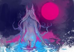 Rule 34 | 1girl, animal ears, ass, back, from behind, full moon, kazeco, long hair, monster girl, moon, night, nude, original, red moon, solo, water