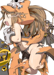 Rule 34 | 1boy, 1girl, bare shoulders, belt, black coat, black gloves, blonde hair, bokken, brown hair, coat, covering privates, covering breasts, crying, closed eyes, fang, gloves, guilty gear, hat, highres, holding, holding weapon, long hair, may (guilty gear), muscular, navel, open mouth, orange headwear, simple background, sword, torn clothes, weapon, white background, wooden sword, ysk!