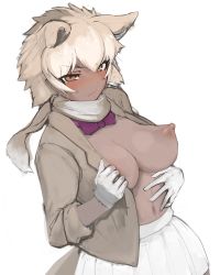 Rule 34 | 1girl, animal ears, blonde hair, blush, bow, bowtie, breasts, closed eyes, closed mouth, cowboy shot, dark-skinned female, dark skin, dutch angle, extra ears, gloves, hand on own stomach, highres, jacket, kemono friends, large breasts, looking at viewer, medium hair, microskirt, navel, nipples, no bra, open clothes, open jacket, scarf, shibori kasu, simple background, sketch, skirt, solo, stomach, tail, tundra wolf (kemono friends), v-shaped eyebrows, white background, white skirt, wolf ears