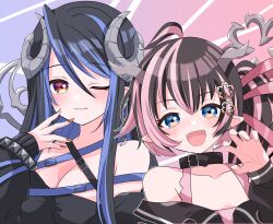 Rule 34 | 2girls, ahoge, belt, belt collar, black belt, black hair, black jacket, blue belt, blue eyes, blue hair, blush, bra, breasts, brown eyes, brown nails, chest belt, cleavage, closed mouth, collar, commentary request, curled horns, demon girl, demon horns, demon tail, earrings, fangs, flat chest, flower, grey horns, hair between eyes, hair flower, hair ornament, hair ribbon, hebiyoi tier, hebiyoi tier (1st costume), highres, horns, jacket, jewelry, kino haruc, large breasts, long hair, long sleeves, looking at viewer, multicolored hair, multiple girls, nanashi inc., off shoulder, oinomori may, oinomori may (1st costume), one eye closed, one side up, open mouth, pink bra, pink hair, pink ribbon, pointy ears, ribbon, sidelocks, single earring, smile, sugar lyric, tail, two-tone hair, underwear, upper body, virtual youtuber