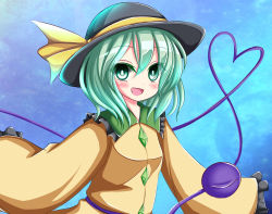 Rule 34 | 1girl, :d, aqua eyes, aqua hair, blue background, blush, collar, commentary request, diamond (shape), frilled collar, frilled sleeves, frills, gradient background, hat, hat ribbon, heart, heart of string, highres, komeiji koishi, long sleeves, looking at viewer, mochizuki hull, open mouth, ribbon, shirt, short hair, smile, solo, third eye, touhou, wide sleeves, yellow ribbon, yellow shirt