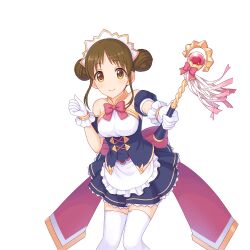 Rule 34 | apron, brown eyes, brown hair, dress, gloves, holding, holding wand, maid apron, maid headdress, official art, princess connect!, suzume (princess connect!), tachi-e, thighhighs, transparent background, wand, white gloves, white thighhighs