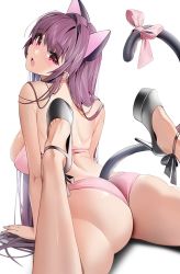 Rule 34 | 1girl, animal ears, ankle strap, ass, black footwear, bra, breasts, cat ears, cat tail, damda, fake animal ears, fake tail, fang, fate/grand order, fate (series), feet up, high heels, large breasts, long hair, looking at viewer, open mouth, panties, pink bra, pink panties, pink ribbon, platform footwear, platform heels, purple hair, red eyes, ribbon, scathach (fate), shoes, simple background, skin fang, solo, strappy heels, tail, tail ornament, tail ribbon, toes, underwear, white background