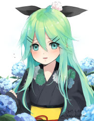 Rule 34 | 10s, 1girl, chagen kokimu, dated, floral background, floral print, flower, flying sweatdrops, green eyes, green hair, hair between eyes, hair flower, hair ornament, hair ribbon, hairclip, hydrangea, japanese clothes, kantai collection, kimono, long hair, long sleeves, looking at viewer, obi, open mouth, ribbon, sash, smile, solo, twitter username, upper body, yamakaze (kancolle)