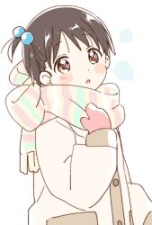 Rule 34 | 1girl, brown eyes, brown hair, child, hair bobbles, hair ornament, highres, ichigo mashimaro, itou chika, jacket, mittens, multicolored clothes, multicolored scarf, namori, open mouth, scarf, short hair, simple background, upper body, white background, winter
