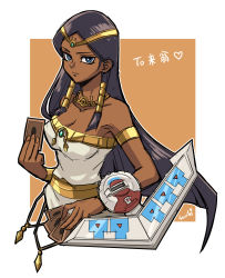 Rule 34 | 1girl, absurdres, armlet, artist name, black hair, blue eyes, breasts, card, circlet, cleavage, dark skin, dark-skinned female, diadem, duel disk, egyptian, gold trim, hair tubes, highres, holding, holding card, ishizu ishtar, jewelry, kurokiseow, long hair, looking at viewer, millennium necklace, necklace, playing card, sketch, solo, two-tone background, very long hair, yu-gi-oh!
