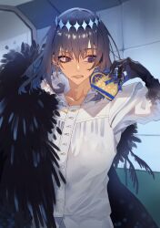 Rule 34 | 1boy, blue eyes, claws, collarbone, collared shirt, diamond hairband, disgust, dress shirt, eyelashes, fate/grand order, fate (series), feather-trimmed cape, frilled shirt collar, frills, gift, grey eyes, grimace, hair between eyes, highres, holding, holding gift, indoors, kujiraoka, long hair, male focus, medium hair, oberon (fate), oberon (third ascension) (fate), pants, shirt, white pants, white shirt