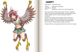 Rule 34 | 1girl, belt, blush, character profile, choker, collar, digitigrade, english text, feathered wings, feathers, flat chest, fur, hard-translated, harpy, harpy (monster girl encyclopedia), kenkou cross, midriff, monster girl, monster girl encyclopedia, navel, official art, pink hair, pointy ears, shorts, solo, tail, talons, third-party edit, translated, winged arms, wings, yellow eyes