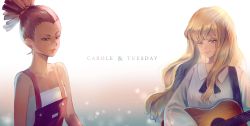 Rule 34 | 1girl, blonde hair, carole &amp; tuesday, carole stanley, dark skin, earrings, guitar, highres, instrument, jewelry, overalls, simple background, sleeveless, tuesday simmons, whitetown
