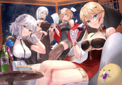 Rule 34 | 4girls, :o, absurdres, alcohol, apple t (ringotyasan), arm strap, azur lane, bare shoulders, bird, black choker, black coat, black dress, black gloves, black necktie, blonde hair, blue eyes, blush, bottle, bow, bracelet, braid, breasts, brown bow, brown eyes, chick, choker, cleavage, closed mouth, coat, coat on shoulders, collarbone, commentary, covered navel, crossed legs, crown braid, cup, dress, drinking glass, eagle union (emblem), earrings, english commentary, feather boa, flute, gloves, gradient hair, grand piano, grey hair, hair between eyes, hair bow, hair ornament, half gloves, halter dress, halterneck, hand up, highres, holding, holding cup, holding instrument, holding paper, howe (azur lane), howe (evening marvels) (azur lane), instrument, jewelry, large breasts, long dress, long hair, looking at viewer, manjuu (azur lane), mole, mole on breast, multicolored hair, multiple girls, necktie, night, official alternate costume, paper, parted lips, piano, red hair, roon (azur lane), roon (viridescent lullaby) (azur lane), short dress, short hair, sidelocks, sitting, skindentation, sleeveless, sleeveless dress, smile, standing, streaked hair, thighhighs, tight clothes, tight dress, tirpitz (a vase for the frost flower) (azur lane), tirpitz (azur lane), underboob, vambraces, washington (azur lane), washington (jubilant smile) (azur lane), white dress, white hair, wine, wine bottle, wine glass, zettai ryouiki