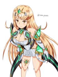 Rule 34 | 1girl, armor, blonde hair, blush, breasts, cleavage, dress, gloves, highres, large breasts, long hair, looking at viewer, mythra (xenoblade), nintendo, samu poteto, smile, solo, white background, xenoblade chronicles (series), xenoblade chronicles 2, xenoblade chronicles (series), xenoblade chronicles 2, yellow eyes
