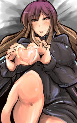 Rule 34 | 1girl, bed sheet, blush, breasts, brown hair, eyelashes, gradient hair, heart, heart hands, highres, hijiri byakuren, impossible clothes, impossible sweater, kamiya (amamiko), knee up, knees, large breasts, lips, long hair, looking at viewer, lying, mole, mole under eye, multicolored hair, naked sweater, nose, on back, purple hair, ribbed sweater, smile, solo, sweater, thighs, touhou, yellow eyes