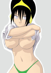 Rule 34 | 1girl, avatar: the last airbender, avatar legends, black hair, blank eyes, breasts, clothes lift, highres, looking at viewer, maydrawfag, nipples, panties, shirt, shirt lift, solo, tagme, toph bei fong, underwear, undressing, white shirt