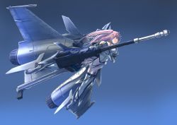 Rule 34 | 1girl, 30x150mm, 30x150mm b, ammunition, anti-materiel cartridge, autocannon, belted magnum, blue background, boots, bullet, cannon, cannon cartridge, commentary request, dassault rafale, detached sleeves, flying, full-power cartridge, full body, giat 30, giat 30m 791, gradient background, headgear, highres, large-caliber cartridge, leotard, long hair, mecha musume, nenchi, original, pink eyes, pink hair, revolver cannon, solo, thigh boots, thighhighs