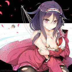Rule 34 | 10s, 1girl, ahoge, breasts, cleavage, hair ornament, hairband, hairclip, headband, japanese clothes, kantai collection, large breasts, long hair, magatama, pantyhose, petals, purple hair, red eyes, revision, ryuuhou (kancolle), ryuujou (kancolle), solo, sts, sweat, taigei (kancolle), tears, torn clothes, twintails, twitter username