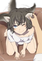 Rule 34 | animal ears, blue eyes, blurry, blush, brown hair, depth of field, dog ears, dog tail, from above, full body, grabbing another&#039;s ear, hand on another&#039;s ear, kneeling, mattaku mousuke, messy hair, motion blur, one eye closed, original, shirt, shirt slip, short hair, sitting, solo focus, t-shirt, tail, tail wagging, wariza, wavy mouth