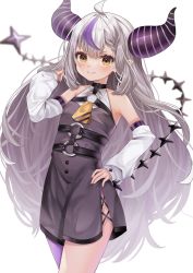 Rule 34 | 1girl, ahoge, bare shoulders, black dress, blush, closed mouth, cowboy shot, demon horns, detached sleeves, dress, grey hair, hand on own hip, highres, hololive, horns, la+ darknesss, long hair, long sleeves, looking at viewer, multicolored hair, nichino, purple hair, purple legwear, simple background, single leg pantyhose, sleeveless, sleeveless dress, smile, solo, standing, streaked hair, tail, tail raised, v-shaped eyebrows, very long hair, virtual youtuber, white background, yellow eyes