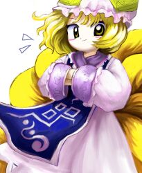 Rule 34 | 1girl, blonde hair, blue tabard, closed mouth, commentary, cowboy shot, dress, fox tail, hands in opposite sleeves, hat, highres, long sleeves, looking at viewer, medium hair, mob cap, multiple tails, pink dress, pink hat, simple background, solo, tabard, tail, touhou, white background, yakumo ran, yakumora n, yellow eyes, zun (style)