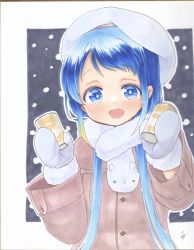 Rule 34 | 1girl, alternate costume, beret, blue eyes, blue hair, coat, commentary request, gloves, gradient hair, hat, highres, holding, kantai collection, long hair, looking at viewer, marker (medium), multicolored hair, open mouth, samidare (kancolle), scarf, simple background, smile, solo, swept bangs, traditional media, upper body, very long hair, white gloves, white hat, winter clothes, winter coat, yuuki chima