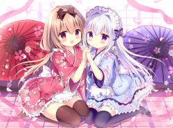 Rule 34 | 2girls, :d, apron, azumi kazuki, black bow, black legwear, blue kimono, blush, bow, brown legwear, commentary request, fingernails, floral print, frilled apron, frilled kimono, frills, hair between eyes, hair bow, highres, holding hands, interlocked fingers, japanese clothes, kimono, light brown hair, long hair, long sleeves, looking at viewer, maid, maid headdress, multiple girls, no shoes, oil-paper umbrella, open mouth, original, parted lips, petals, plaid, plaid bow, print kimono, purple eyes, purple umbrella, red kimono, red umbrella, seiza, short kimono, silver hair, sitting, smile, thighhighs, umbrella, very long hair, wa maid, waist apron, white apron, wide sleeves