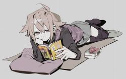 Rule 34 | 1girl, ahoge, arm support, black sweater, black thighhighs, blonde hair, book, book stack, chainsaw man, commentary request, denji (chainsaw man), dot mouth, elbow rest, expressionless, full body, grey background, grey eyes, grey skirt, half-closed eyes, hand on own chin, head rest, higa423, highres, holding, holding manga, jitome, long sleeves, loose thighhigh, lying, manga (object), no shoes, on side, open book, pillow, plaid, plaid vest, power (chainsaw man), purple vest, reading, reclining, short hair, simple background, skirt, solo, sweater, thighhighs, urotsuki, vest, yume 2kki